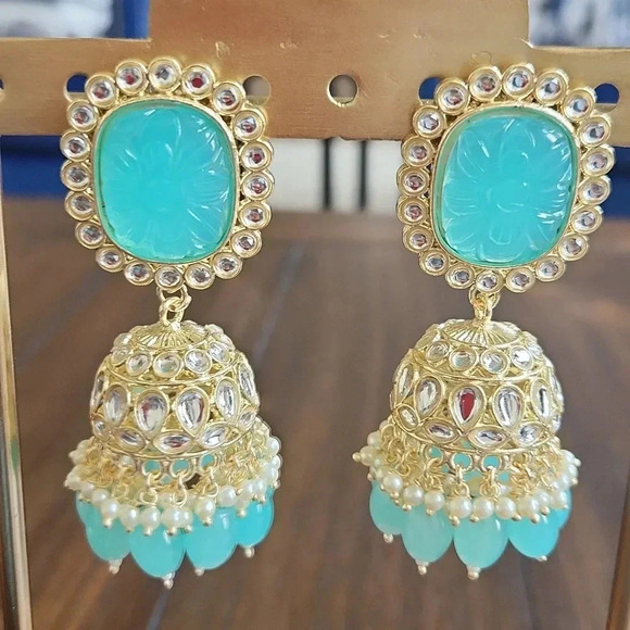 Bollywood Style Carved Blue and Gold Jhumkas - Picture 5 of 8